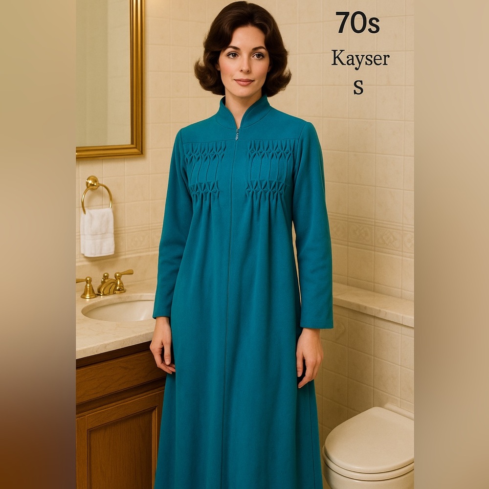Vintage 1970s Kayser Teal Robe | Small | Smocked Zip Front